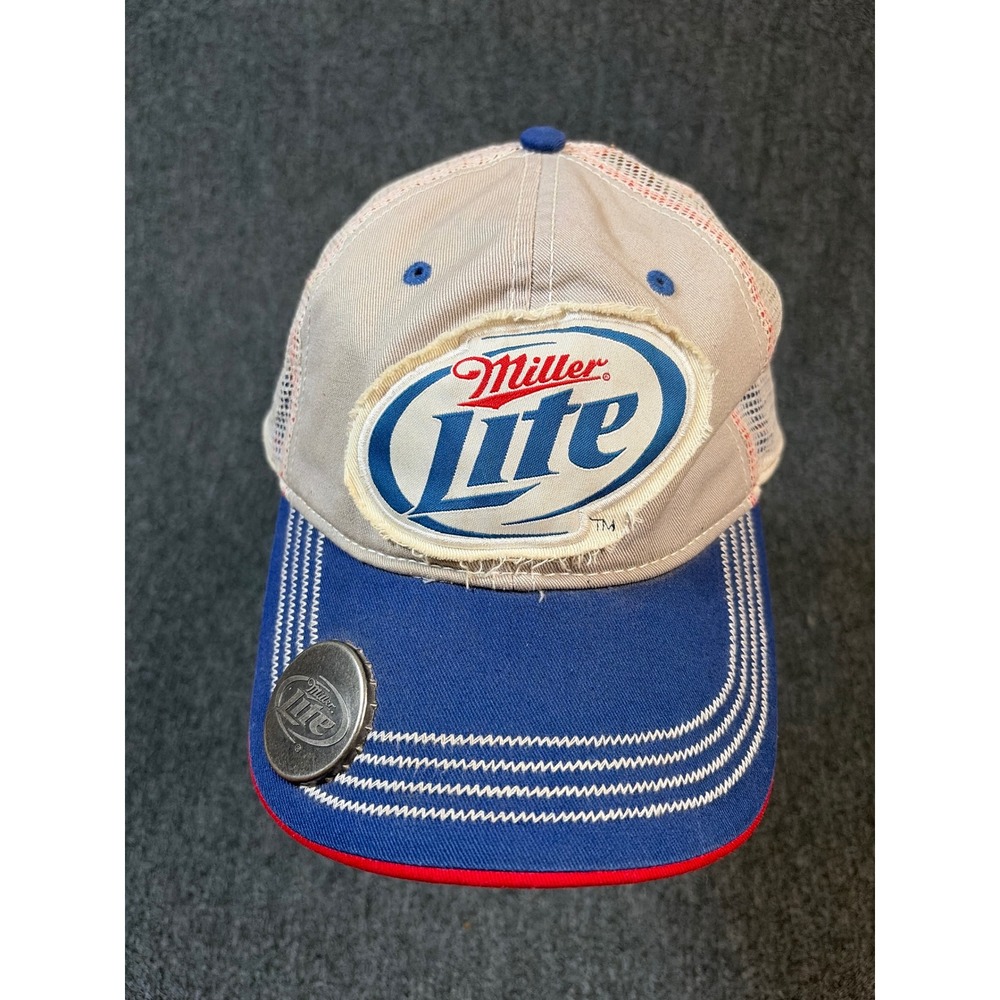 Miller Lite Trucker Hat Bottle Opener Brim Snapback Mesh Cap Blue Tan‎ Red 2011